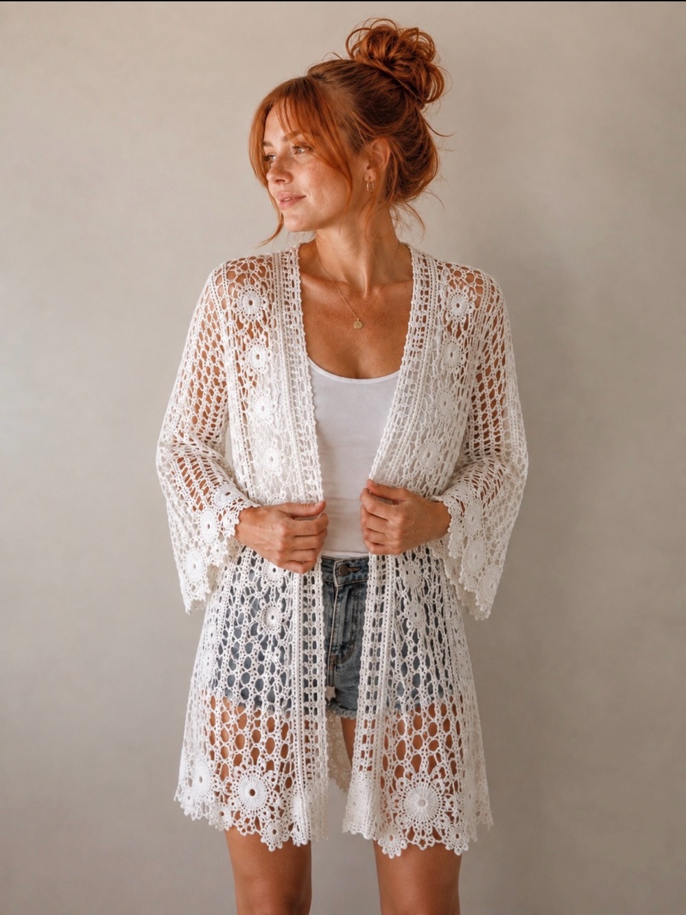 Rebellion White Crochet Lace Open Front Cardigan Boho Size M